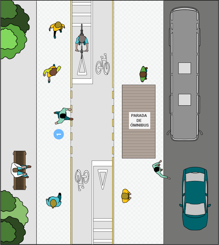 Intersección de cruce peatonal y bicisenda sobre vereda